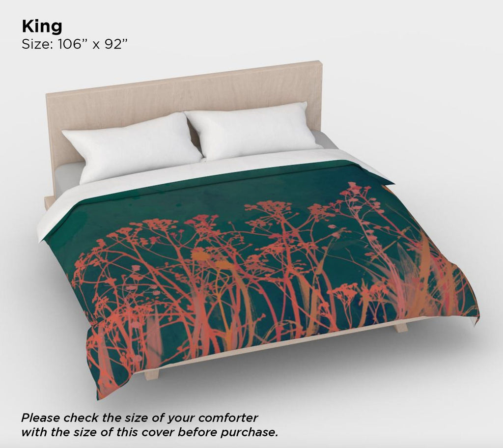 Dark Green Autumn Wildflower Duvet Cover – Cotton Sateen Botanical Bedding, Nature-Inspired Boho Bedroom Decor
