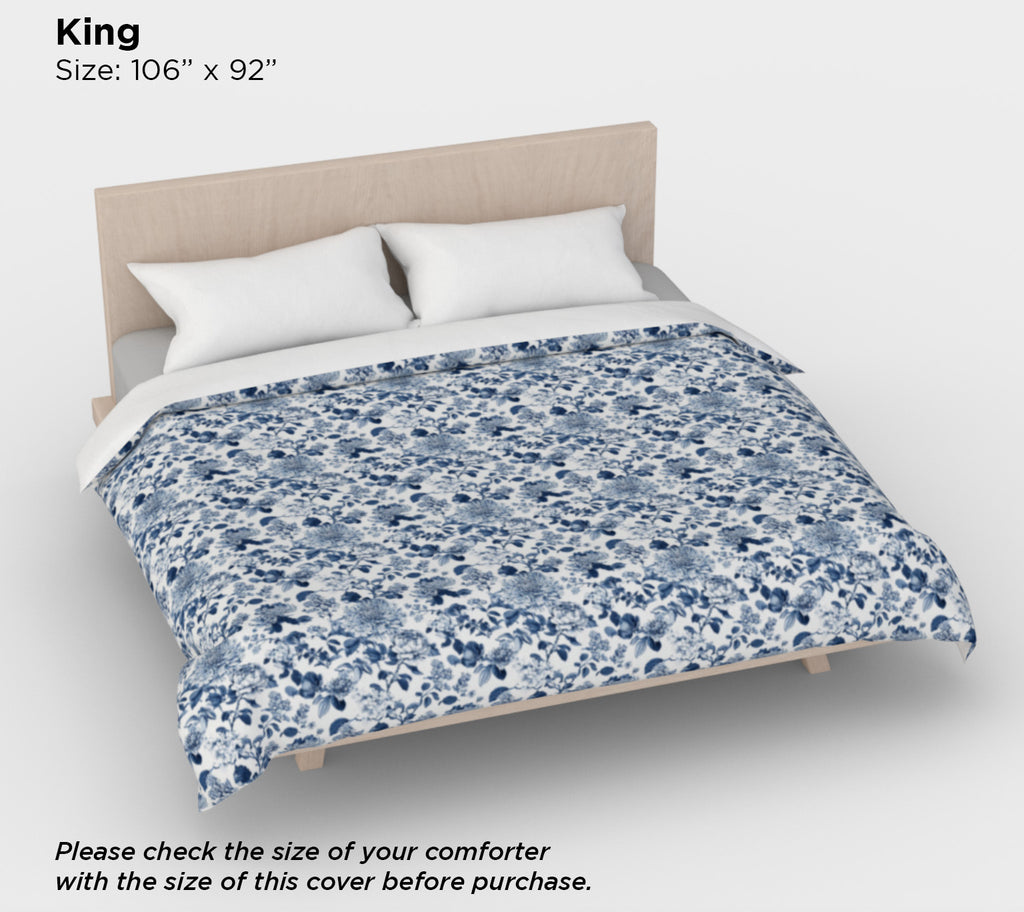 Blue Toile Floral Duvet Cover – Luxury Cotton Sateen Bedding