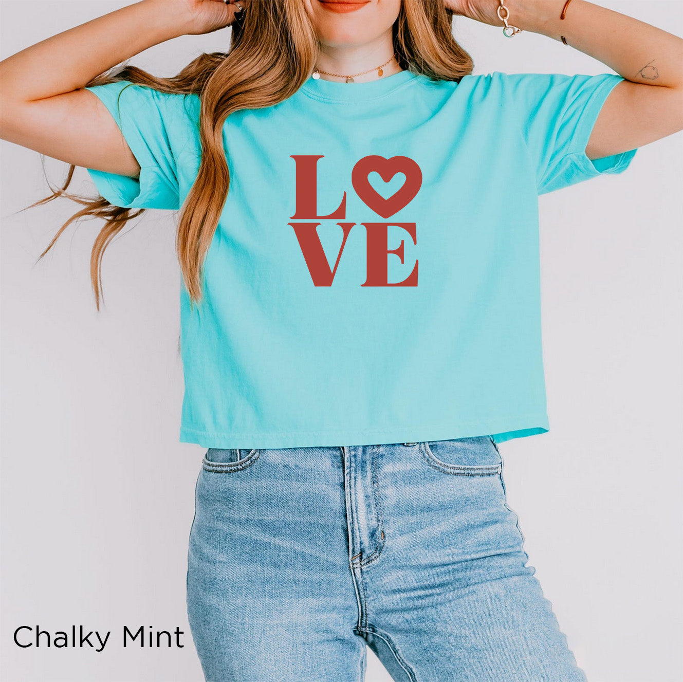 Chalky Mint heavyweight women’s T-shirt with editorial-inspired terracotta LOVE graphic