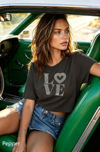 Comfort Colors 3023CL women’s boxy tee in Pepper with cream LOVE heart graphic