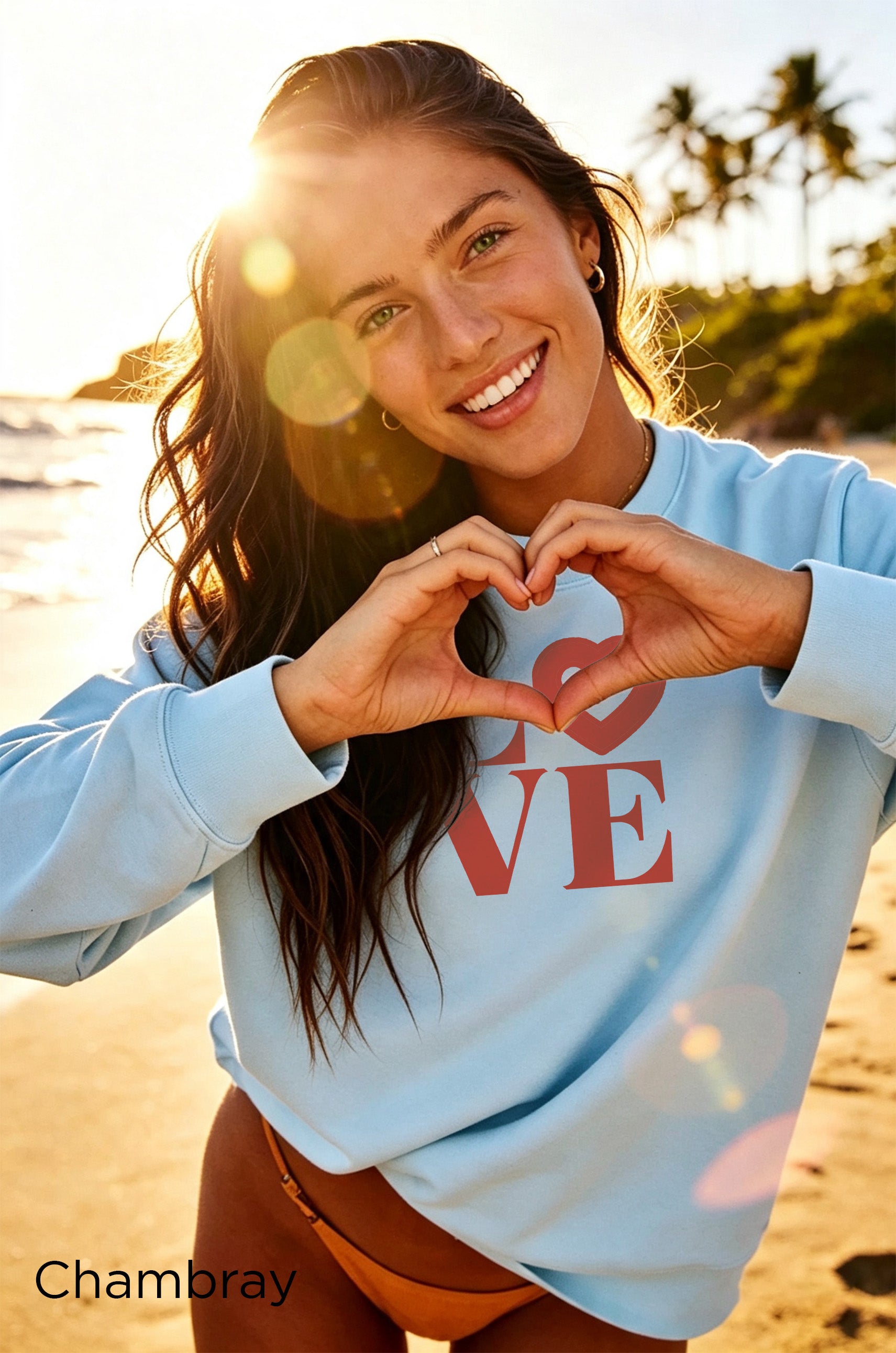 Close-up of Chambray LO♡VE heart graphic on Butter sweatshirt