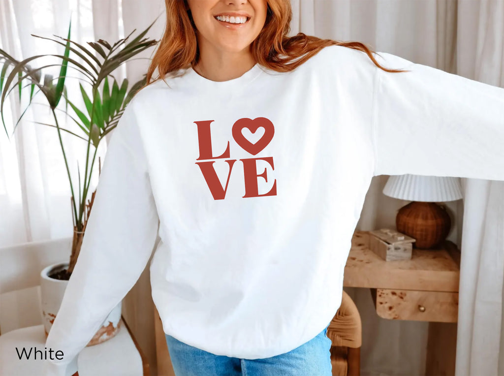 Mediterranean-inspired White sweatshirt with red LOVE heart graphic
