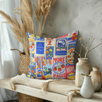 La Dolce Vita colorful cushion placed on a sofa in a modern living room