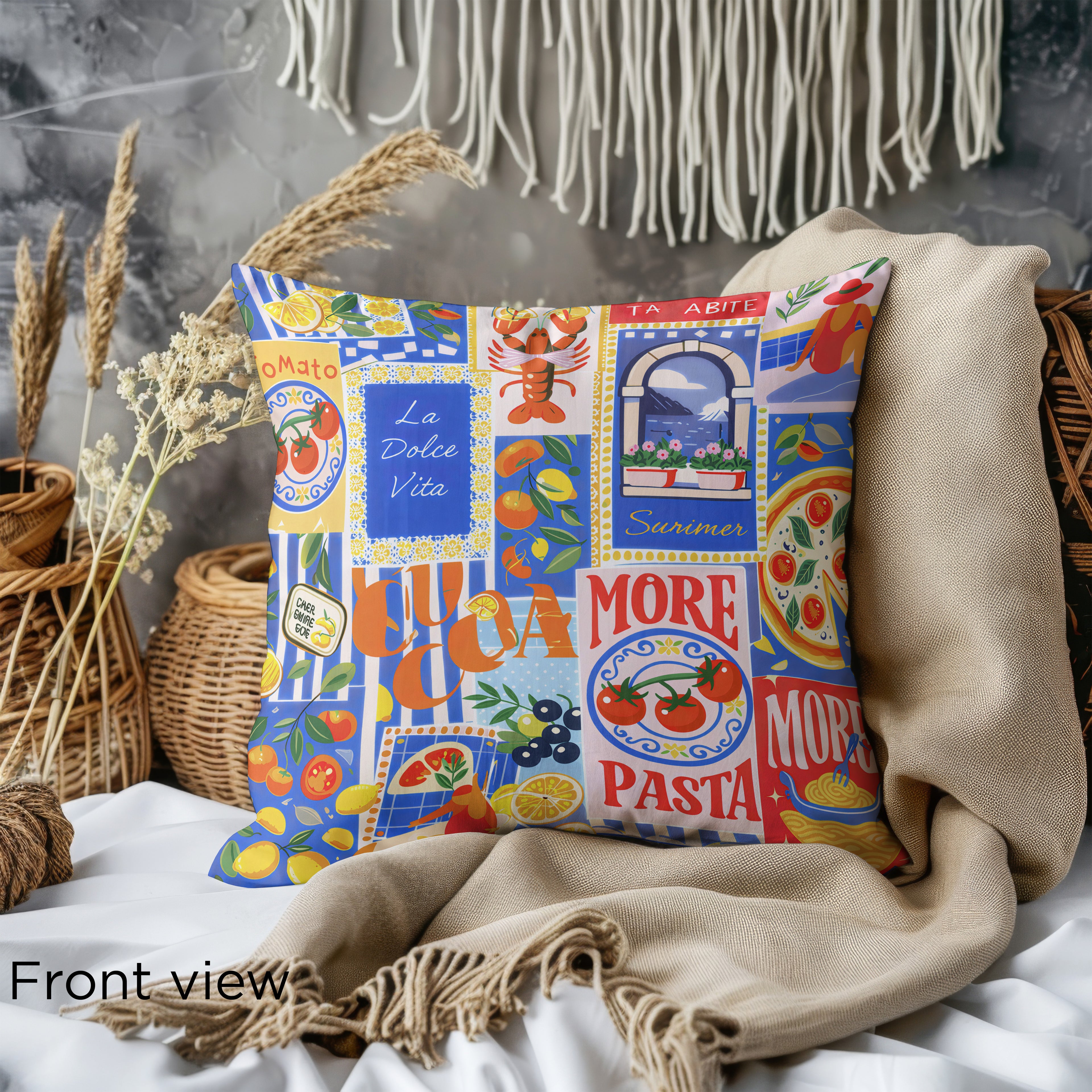La Dolce Vita Mediterranean cushions displayed on a cozy sofa