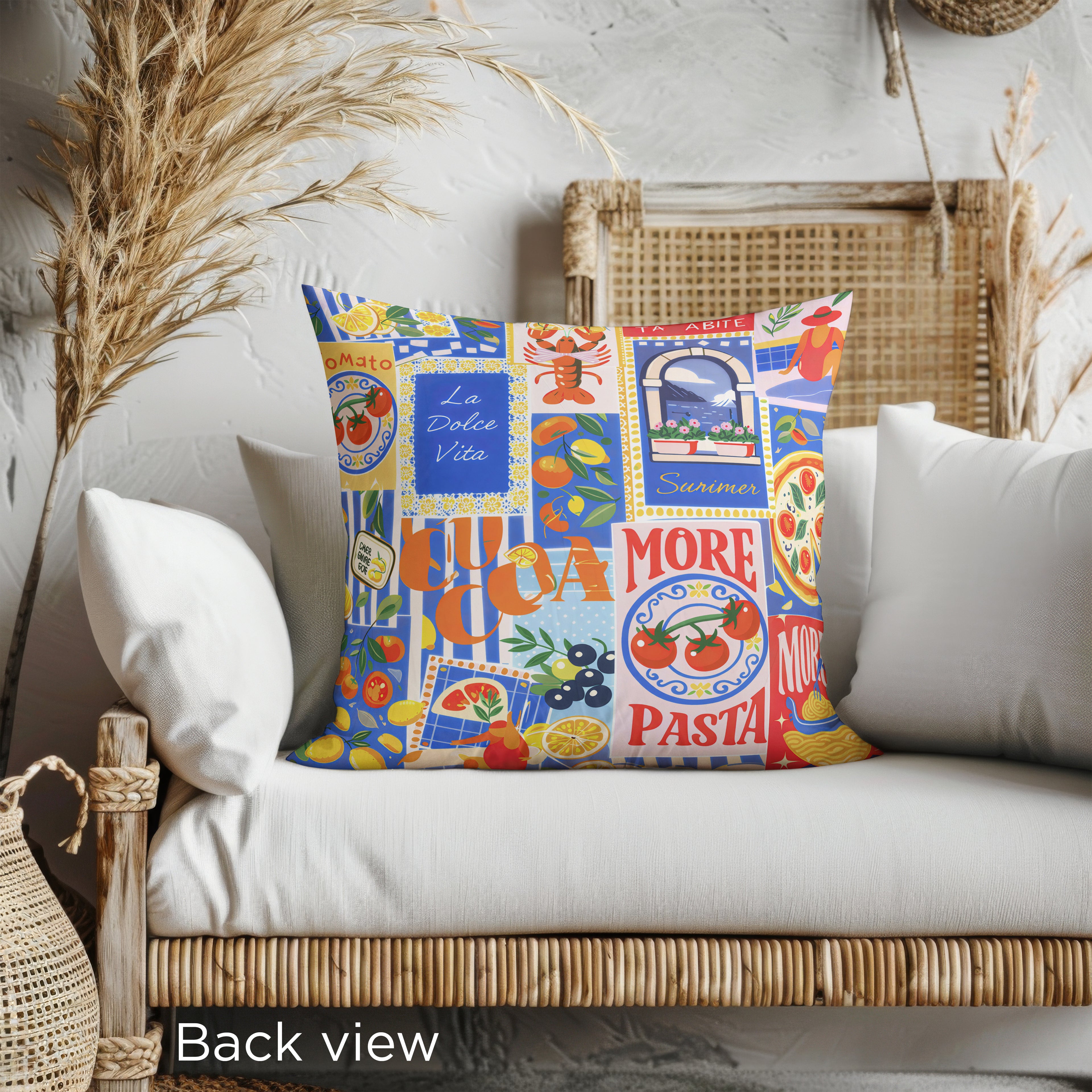 La Dolce Vita 22x22 cushion on an armchair in Mediterranean styled room