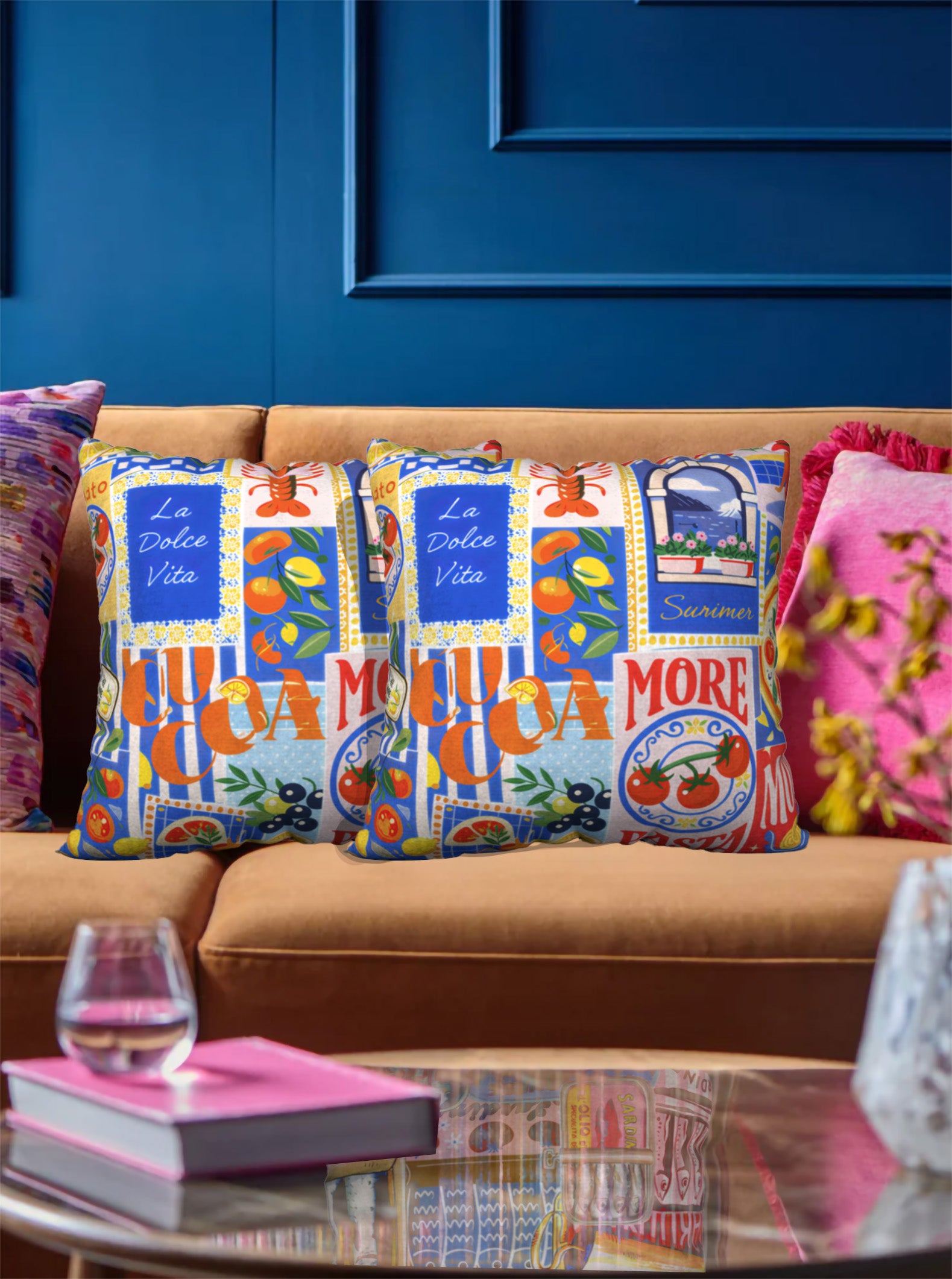 La Dolce Vita Mediterranean Cushion 22x22 front view with vibrant Italian-inspired design