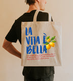Italian lemon market tote bag inspired by Amalfi Coast citrus groves and the beauty of Mediterranean living.