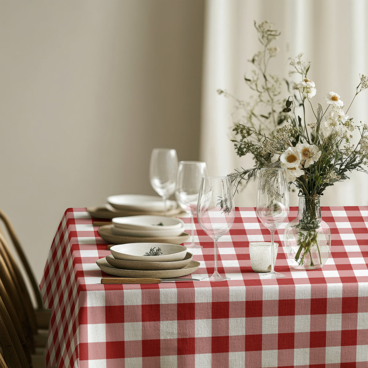 Red gingham cotton tablecloth styled with white dinnerware and festive greenery for Christmas dining.