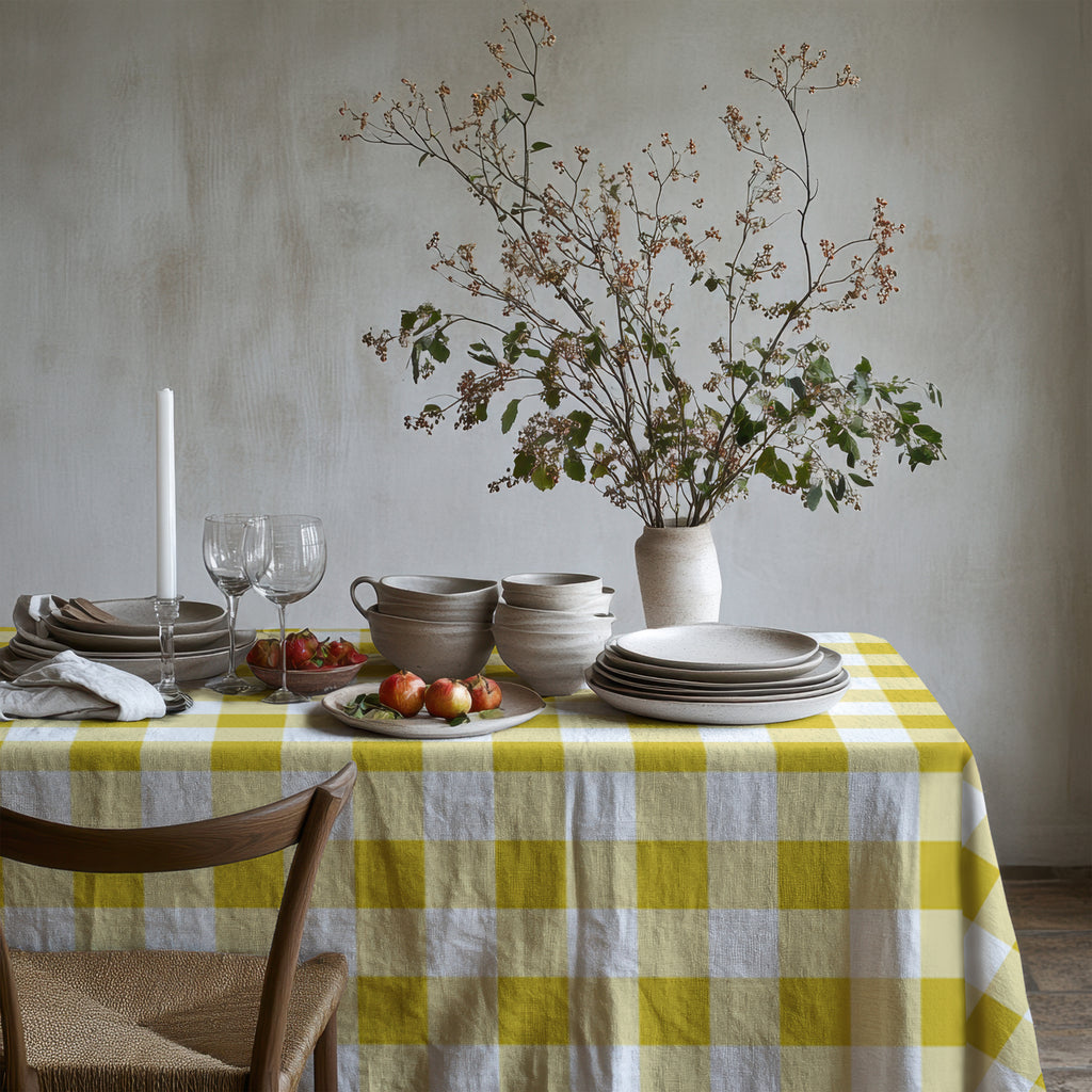 Yellow gingham tablecloth styled with neutral dinnerware and fresh flowers for an elegant everyday tablescape.
