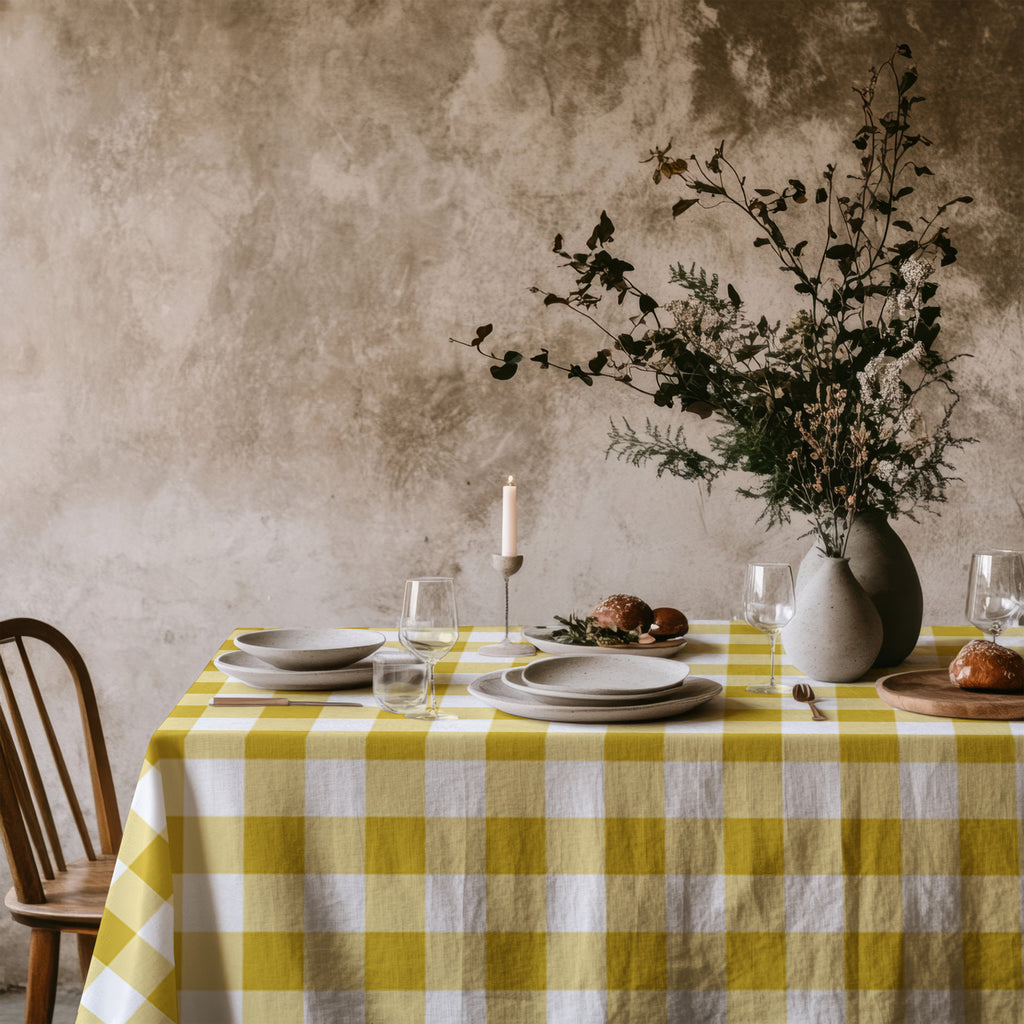 Large yellow gingham cotton tablecloth draped over a dining table, creating a fresh and timeless country-inspired setting.