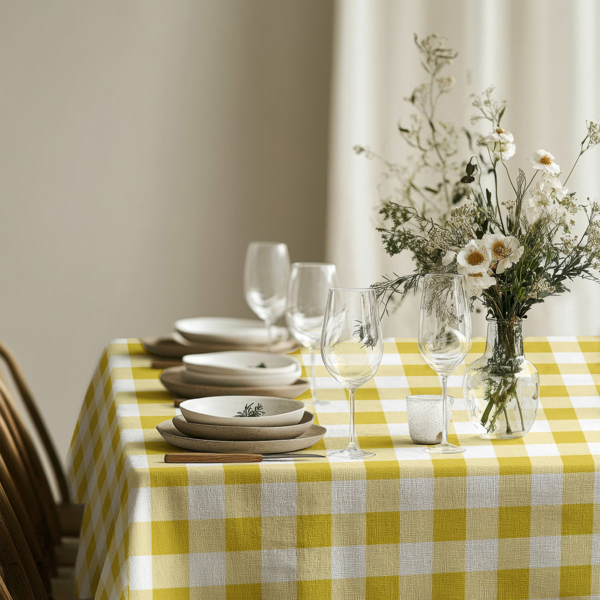 Yellow and white checked cotton tablecloth complementing a neutral dining room with natural textures and simple decor.