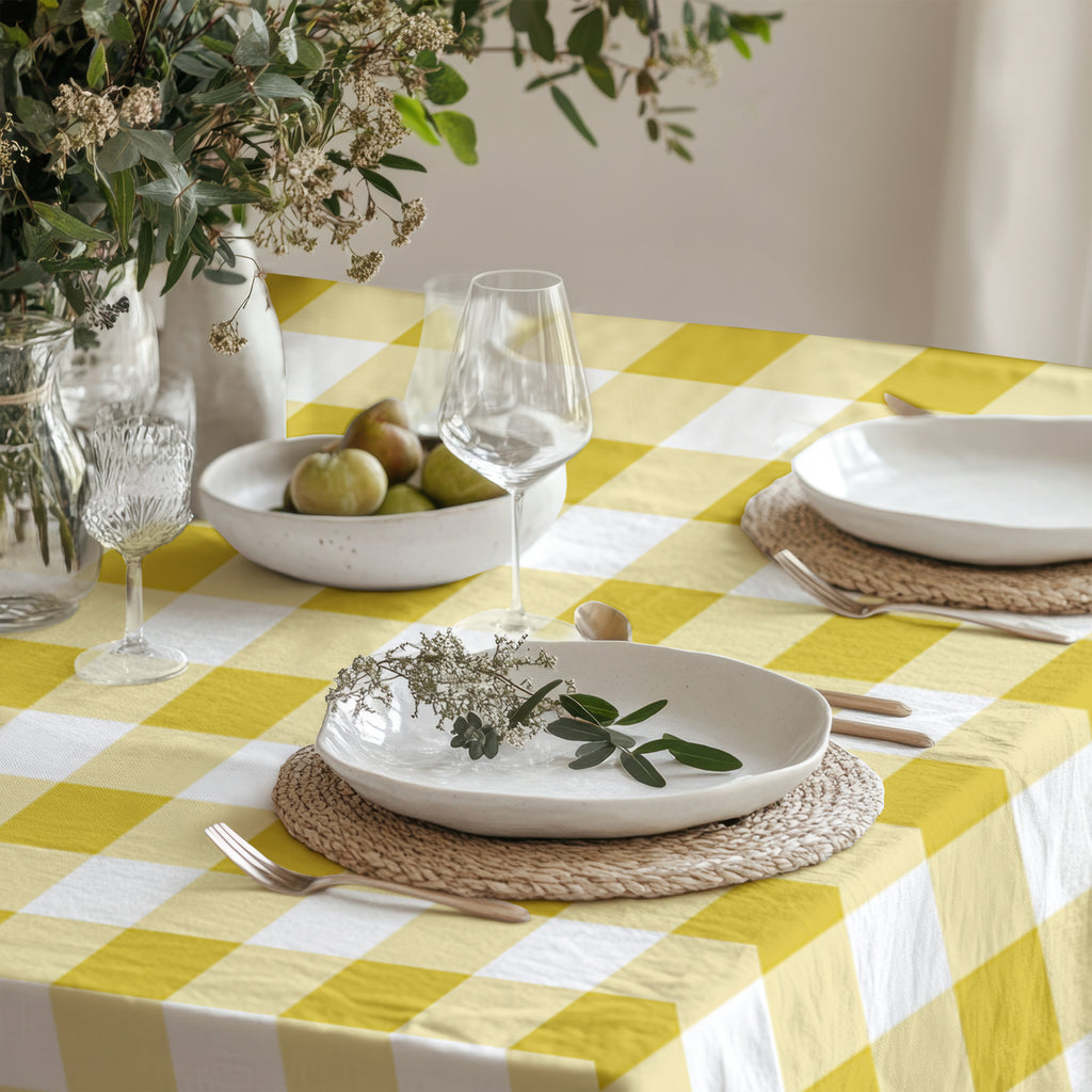 Detailed view of the woven cotton twill fabric and classic yellow gingham checks.