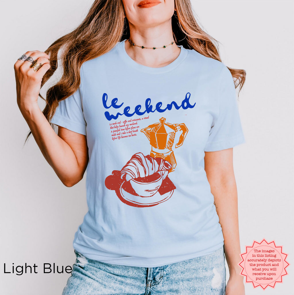 Retro French-inspired tee with coffee and croissant design, perfect for weekend vibes.