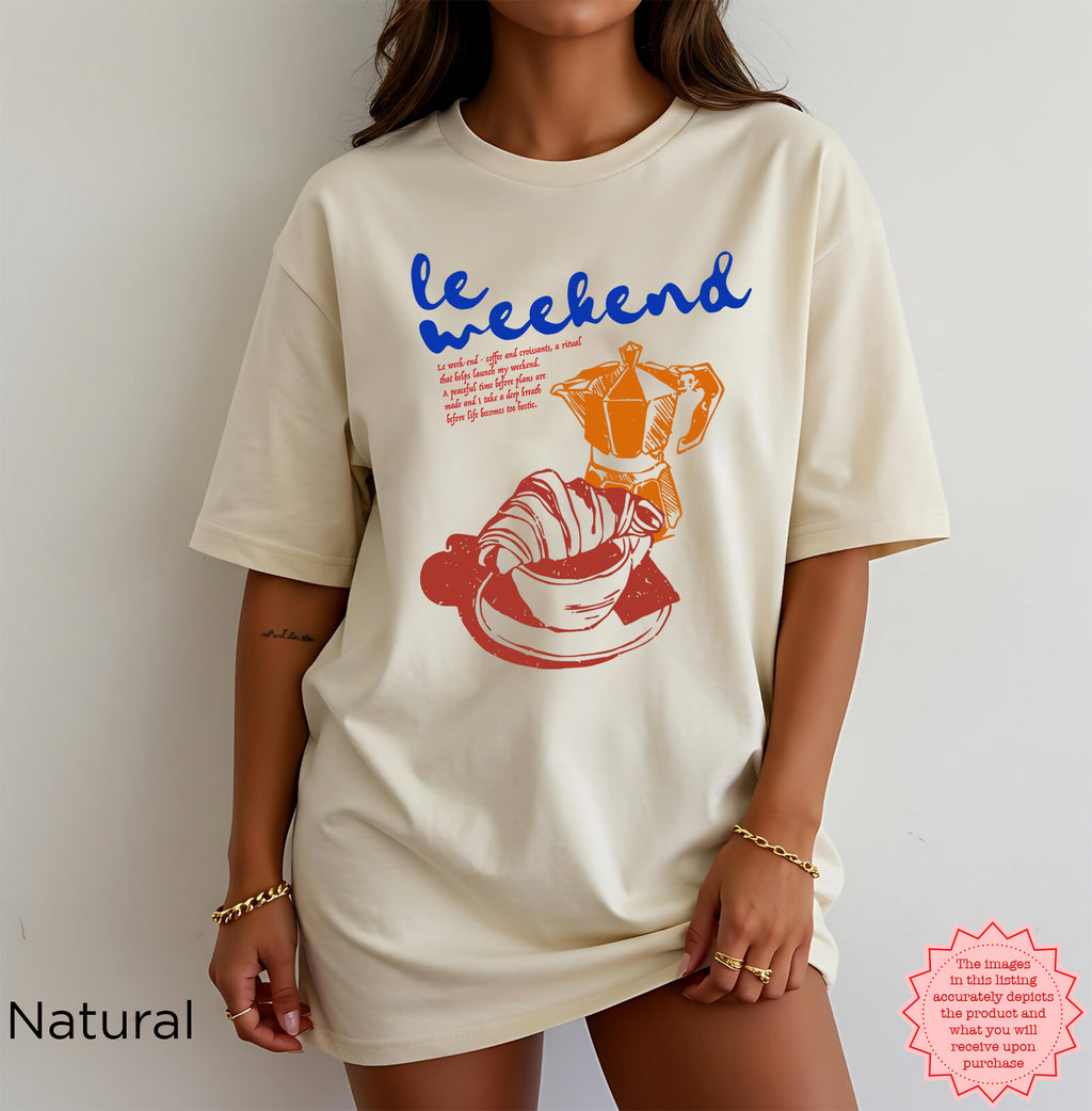 Comfortable unisex coffee graphic tee with croissant print for casual weekend outings.