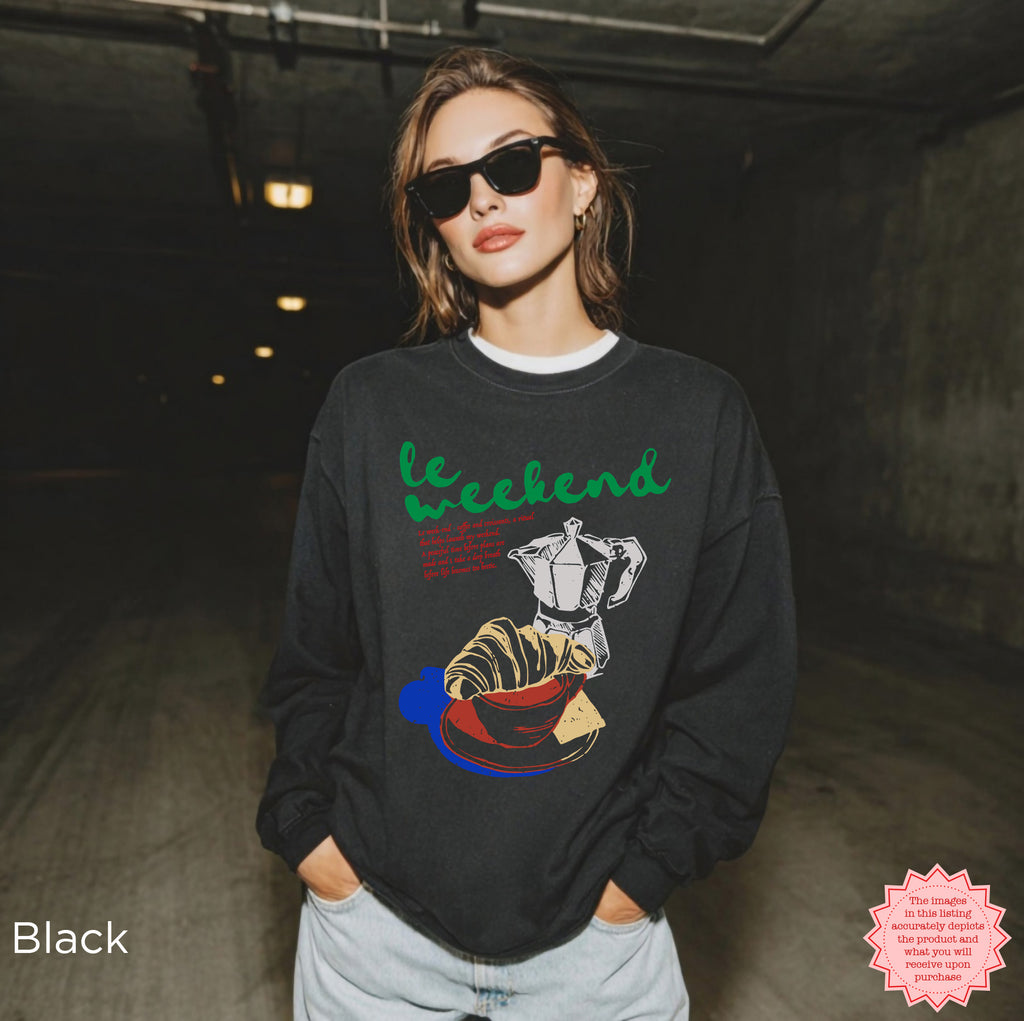 Colorful French coffee and croissant design on a comfortable sweatshirt.