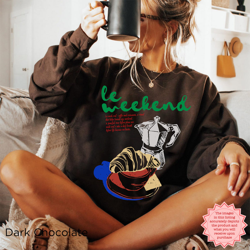 French vintage-inspired sweatshirt for coffee lovers, featuring a croissant and coffee graphic.