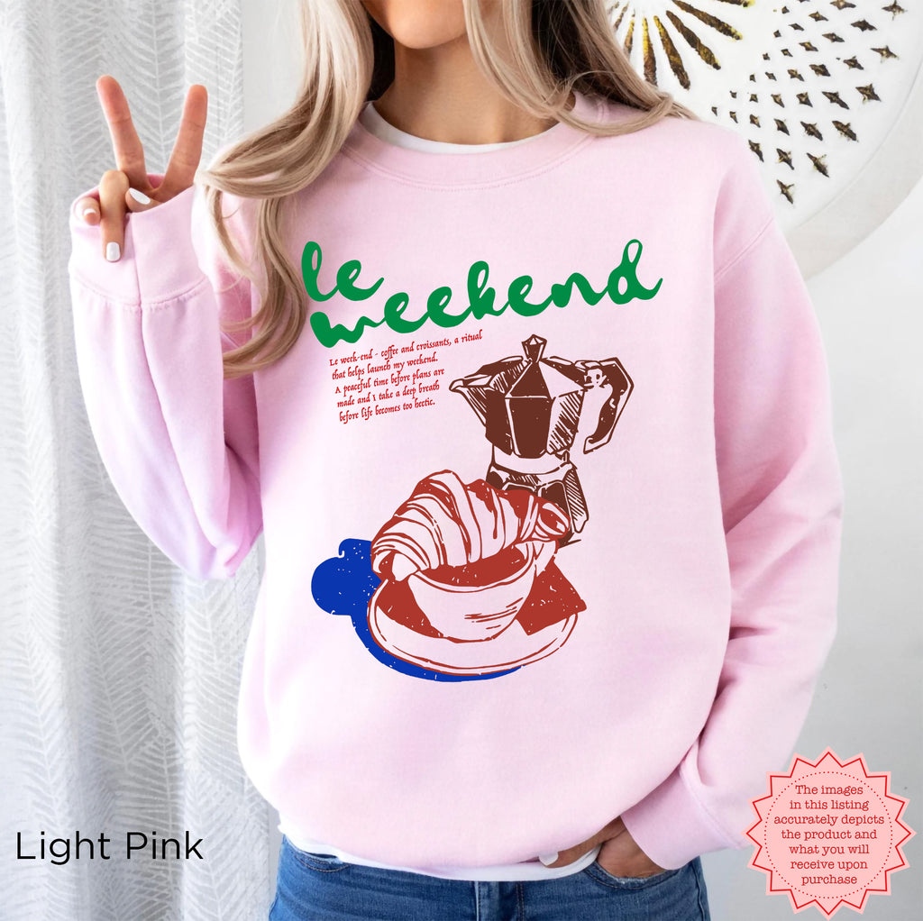 French graphic sweatshirt for women, featuring coffee and croissant illustration for a cozy weekend.