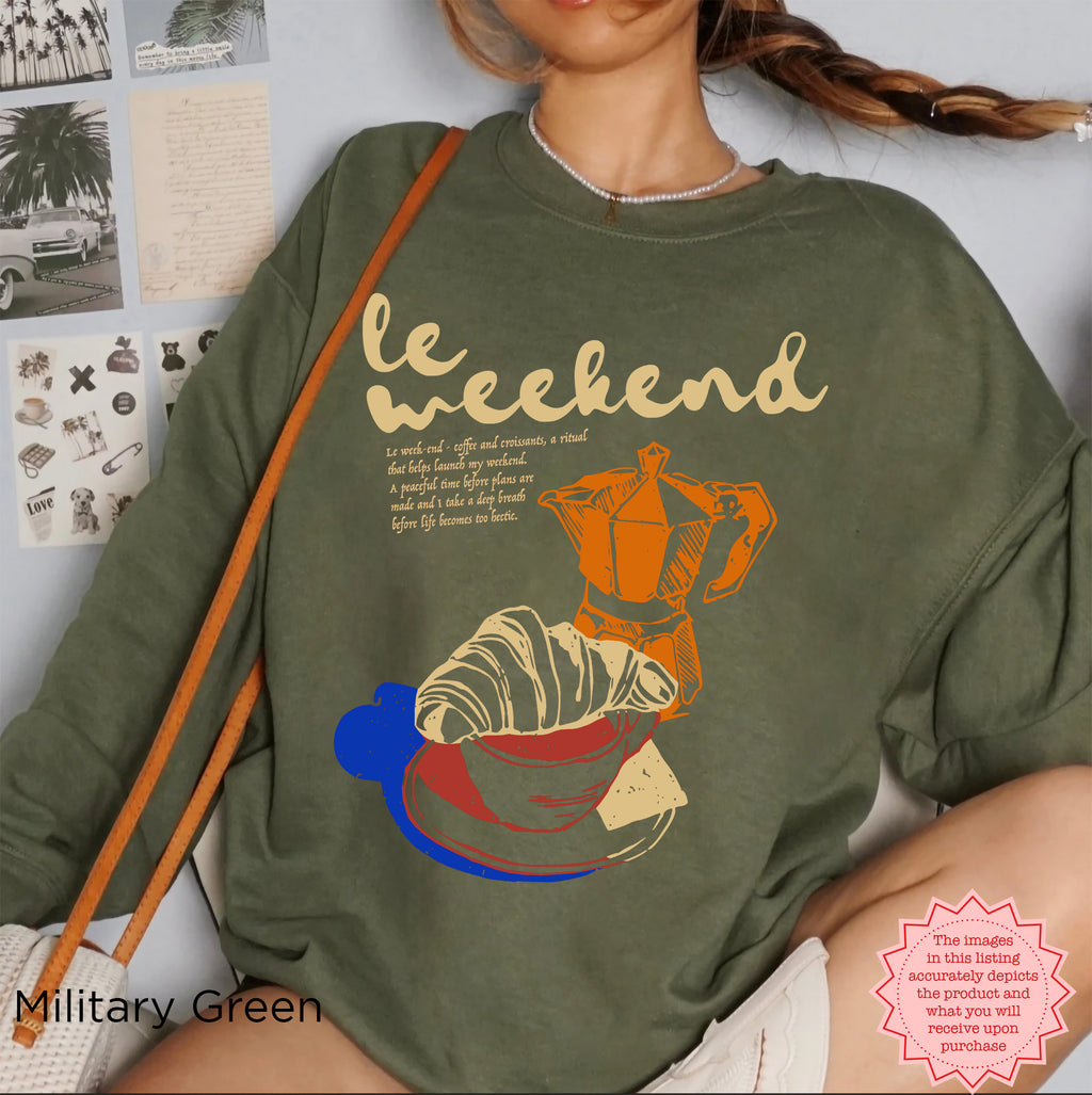 Stylish and comfy sweatshirt with a coffee and croissant graphic, perfect for weekend mornings.