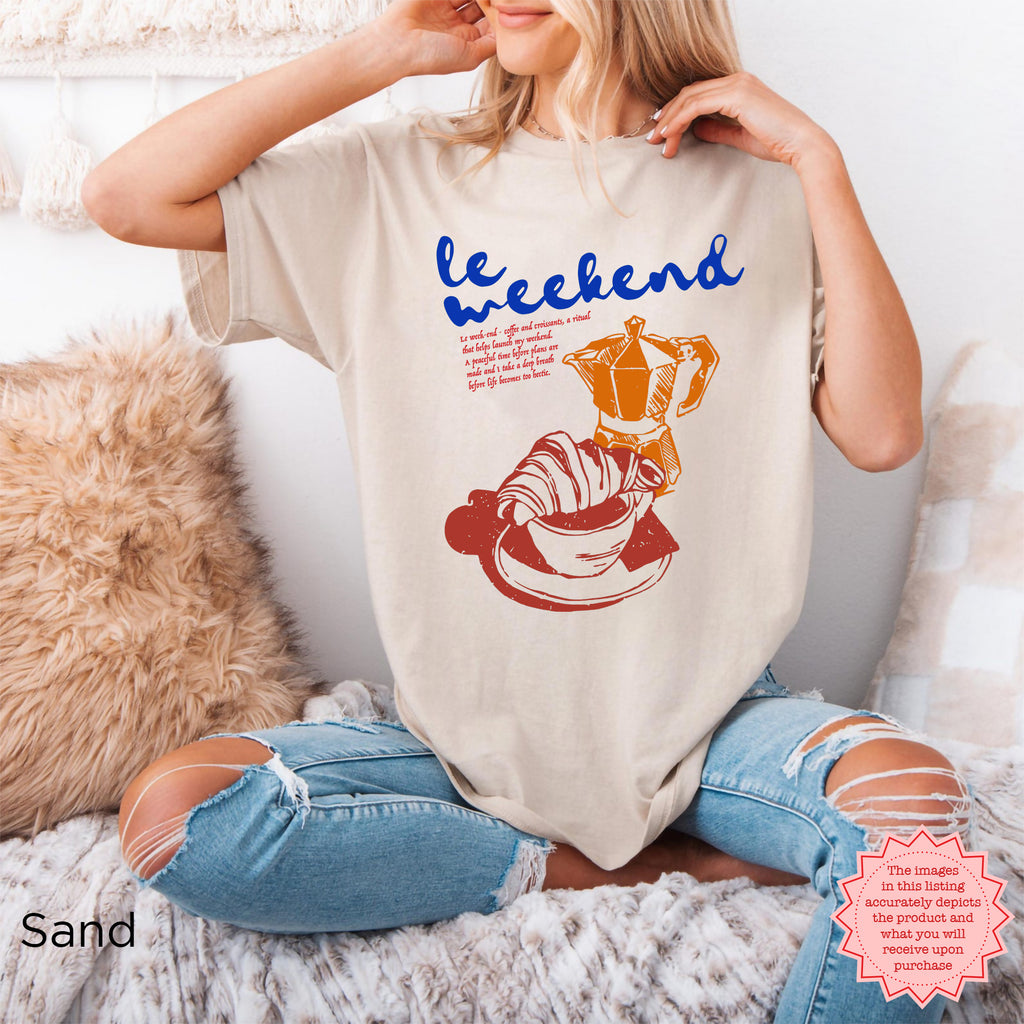Vintage aesthetic graphic tee featuring a croissant and coffee cup, ideal for relaxed weekends.