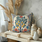 Close-up of Mediterranean botanical cushion showing detailed lemon artwork, rich blue foliage and premium faux suede texture.