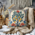 Square faux suede cushion with Mediterranean lemon artwork styled for contemporary living room décor.