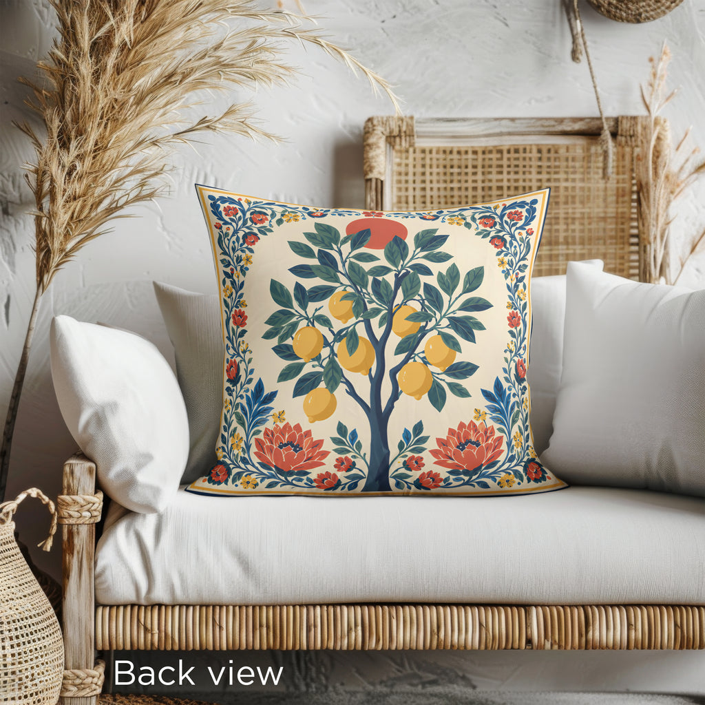 Luxury faux suede cushion with Mediterranean citrus design styled on a neutral sofa for relaxed coastal interiors.