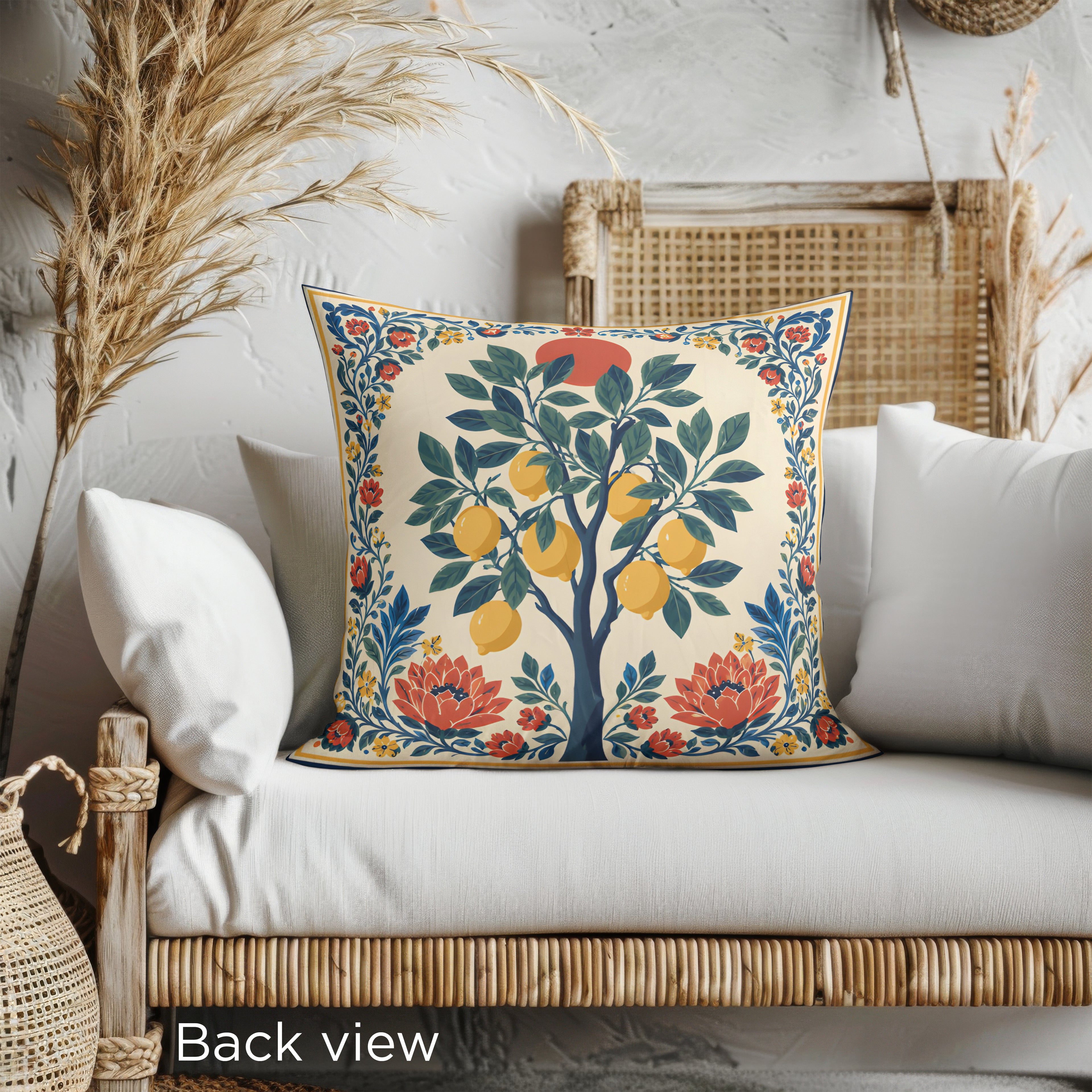 Luxury faux suede cushion with Mediterranean citrus design styled on a neutral sofa for relaxed coastal interiors.