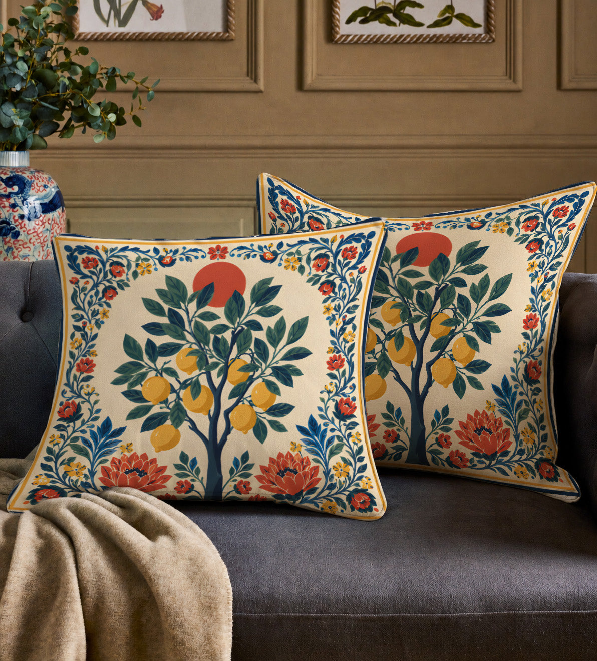 Decorative lemon tree accent pillow featuring artisan-inspired floral borders and warm Mediterranean colour palette.