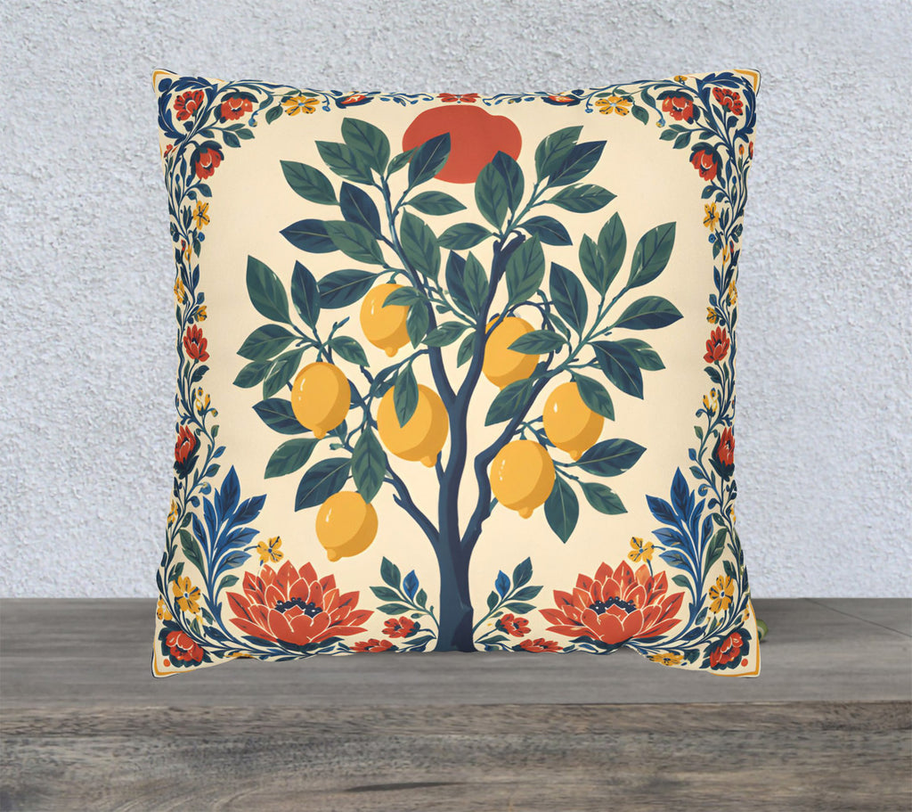 Mediterranean lemon tree faux suede cushion featuring botanical floral borders in blue, yellow and coral tones displayed as a square decorative throw pillow.