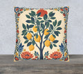 Mediterranean lemon tree faux suede cushion featuring botanical floral borders in blue, yellow and coral tones displayed as a square decorative throw pillow.
