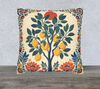 Mediterranean lemon tree faux suede cushion featuring botanical floral borders in blue, yellow and coral tones displayed as a square decorative throw pillow.