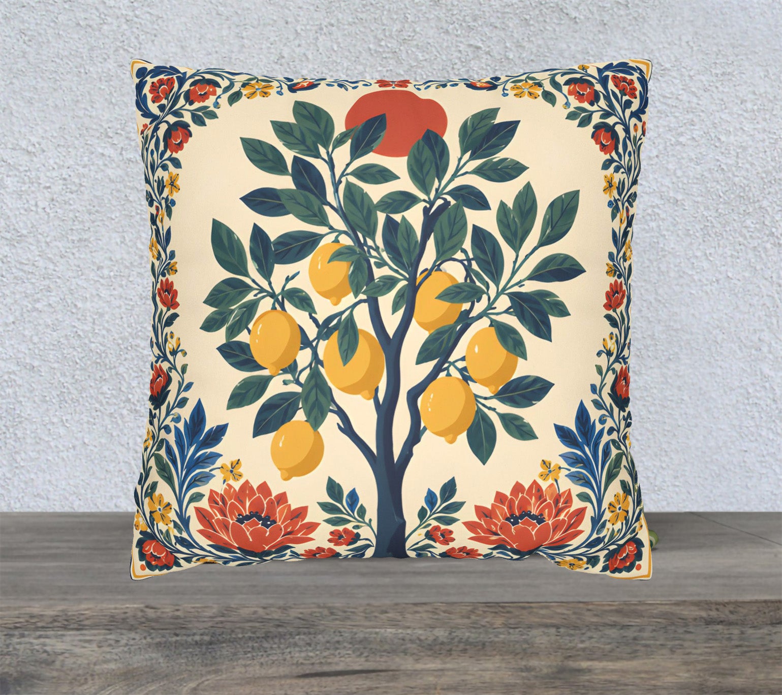 Mediterranean lemon tree faux suede cushion featuring botanical floral borders in blue, yellow and coral tones displayed as a square decorative throw pillow.