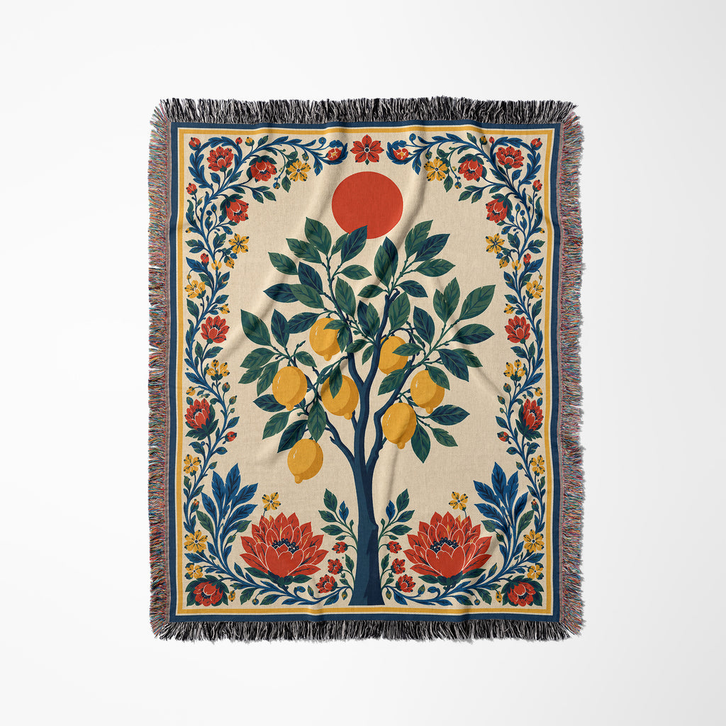 Italian Mediterranean lemon grove blanket featuring vibrant yellow lemons, botanical leaves, and timeless textile artwork