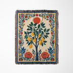 Italian Mediterranean lemon grove blanket featuring vibrant yellow lemons, botanical leaves, and timeless textile artwork