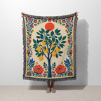 Amalfi Lemon Tree Woven Blanket featuring a Mediterranean lemon design with green leaves, floral details, and colorful fringed edges