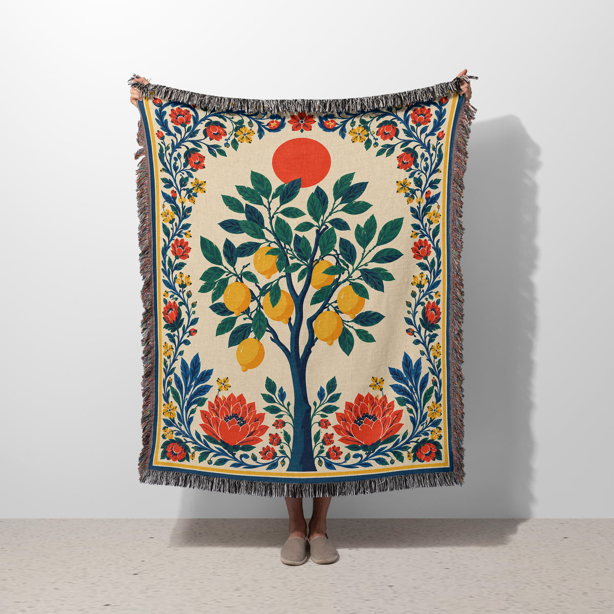 Amalfi Lemon Tree Woven Blanket featuring a Mediterranean lemon design with green leaves, floral details, and colorful fringed edges