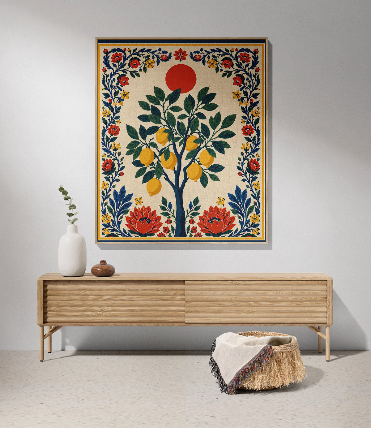 Decorative Amalfi Lemon Tree woven tapestry blanket perfect for coastal, boho, cottagecore, and luxury home interiors