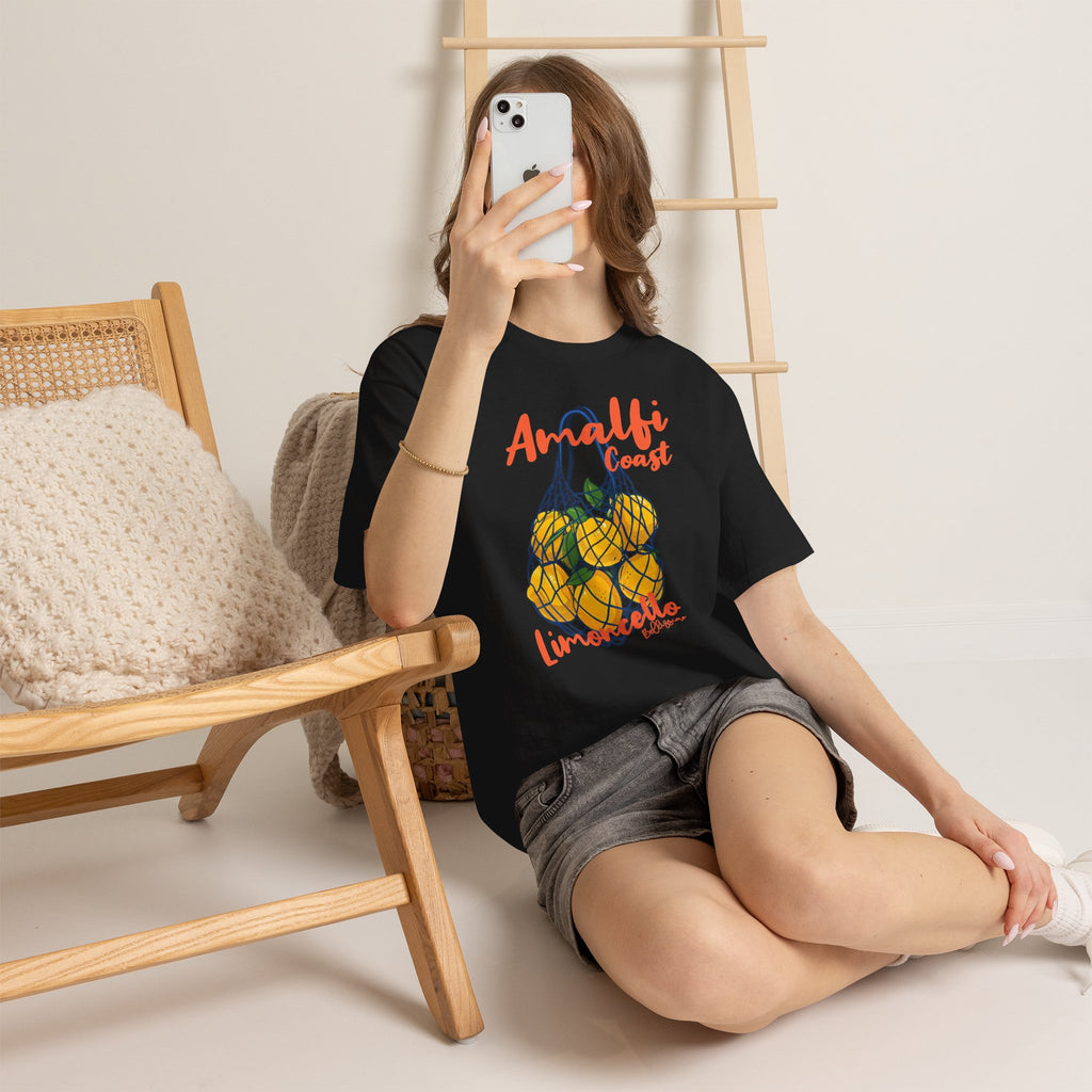 White cotton Amalfi Coast t-shirt with colorful Lemoncello illustration inspired by the Mediterranean coast of Italy