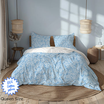 Light Blue Mediterranean Olive Branch Cotton Sateen Duvet Cover – Queen/King Size, Includes Standard Pillowcases