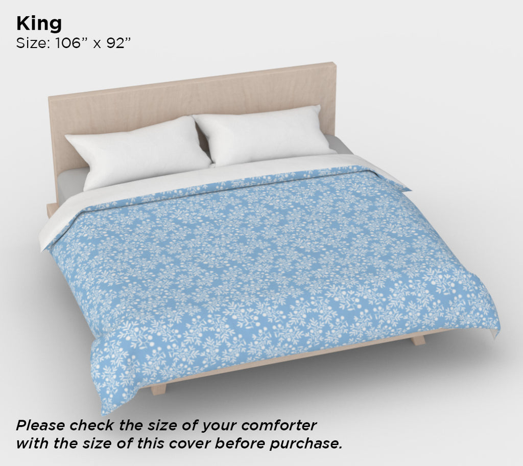 Light Blue Mediterranean Olive Branch Cotton Sateen Duvet Cover – Queen/King Size, Includes Standard Pillowcases