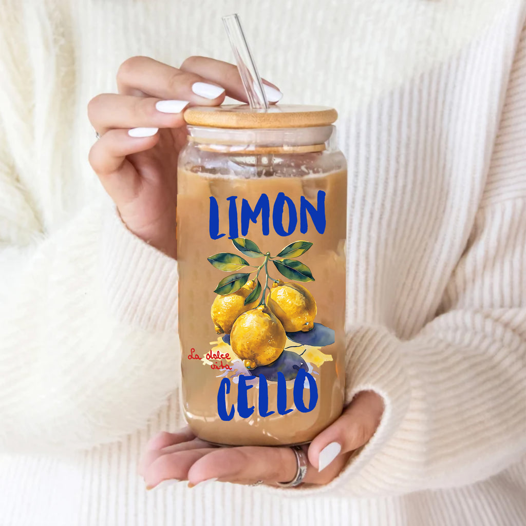 Cute lemon-themed iced coffee cup with bamboo lid and straw, perfect gift for coffee lovers and friends