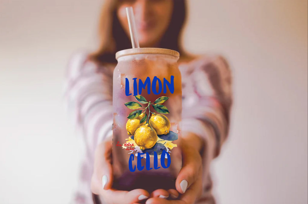 Italian-inspired Limoncello glass coffee cup with lemon illustration and optional reusable glass straw