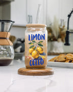 Limoncello Glass Coffee Cup with Bamboo Lid and Optional Glass Straw, 16oz Italian Lemon Iced Coffee Tumbler