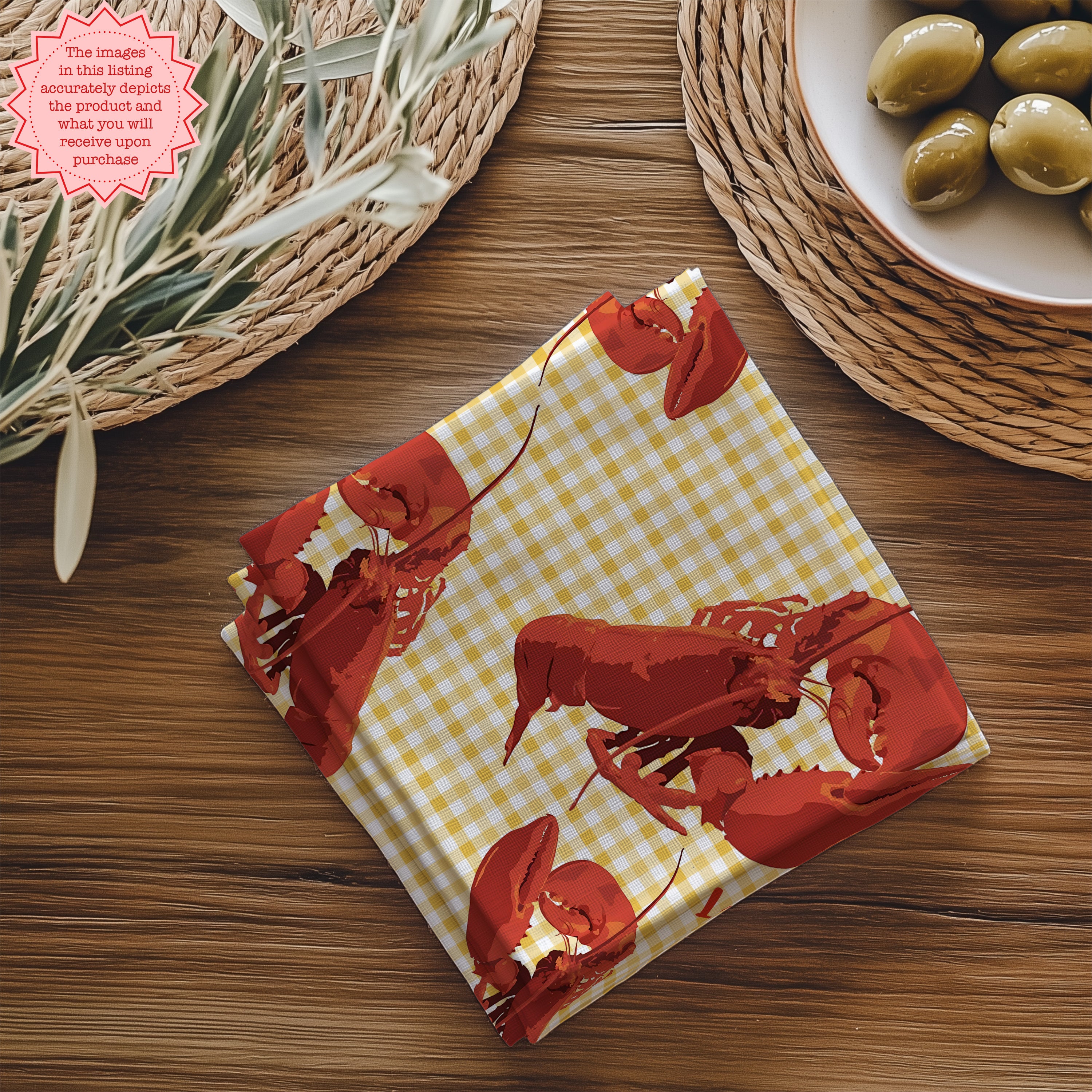 Close-up view of lobster printed cotton napkin showing detailed one-sided design and premium twill fabric texture