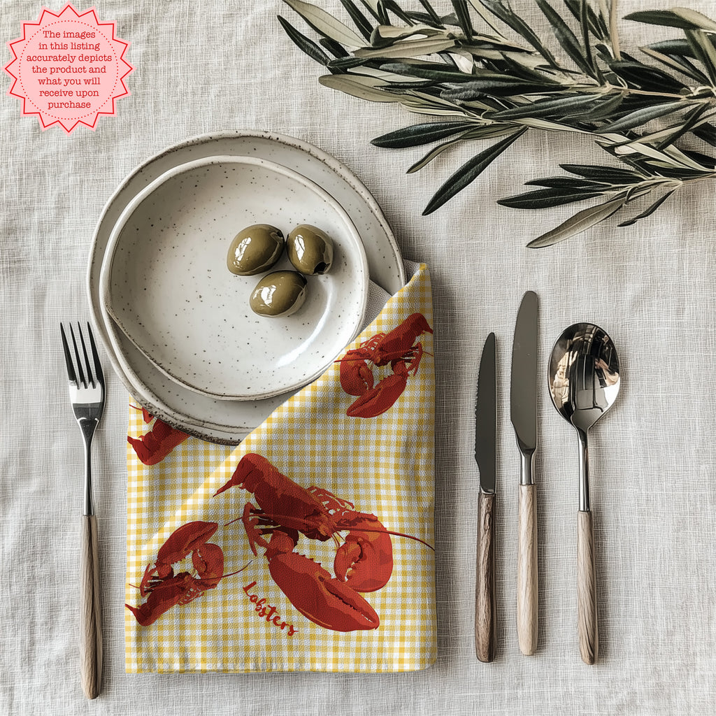 Yellow gingham lobster dinner napkin made from 100% cotton twill with hemmed edges for stylish table decoration