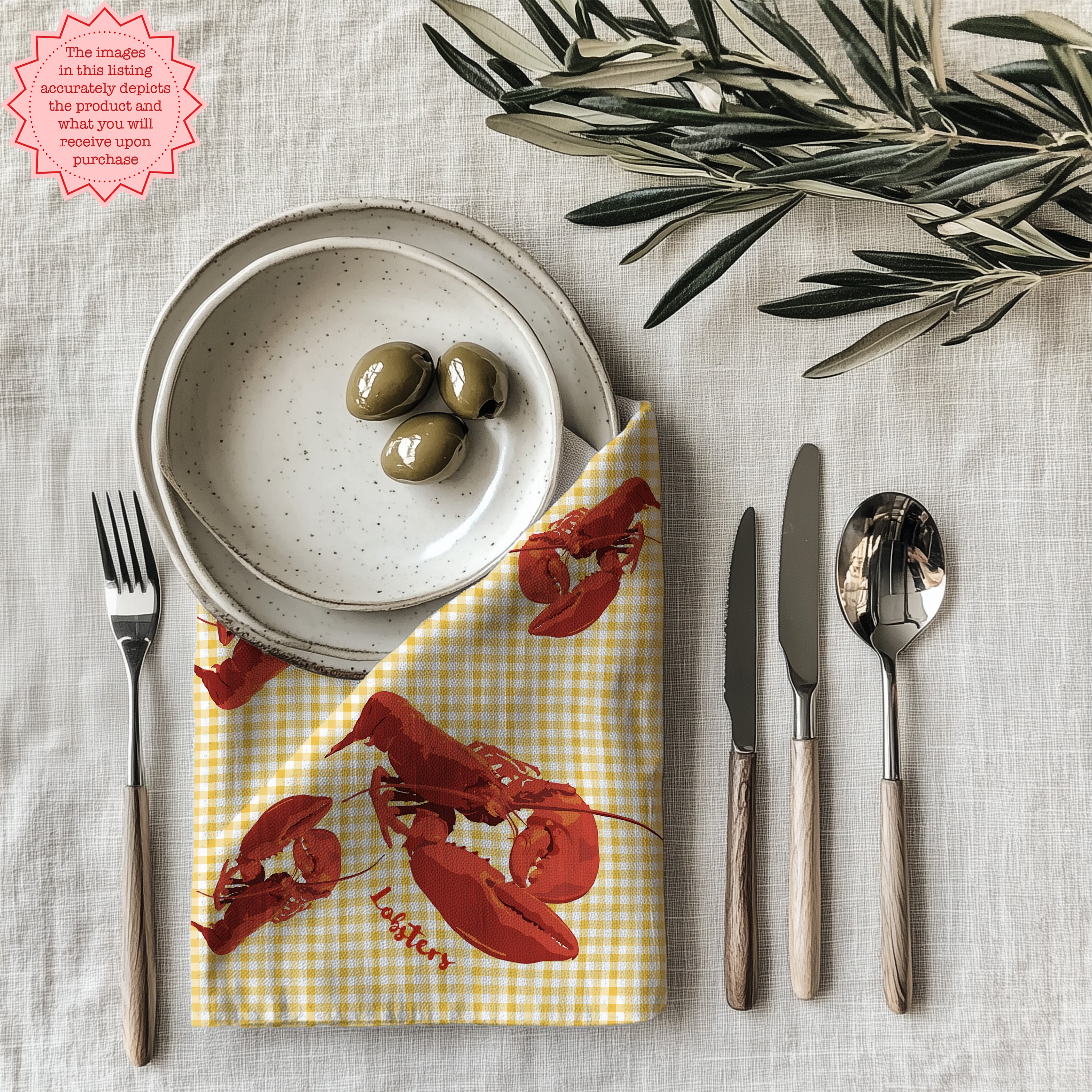 Yellow gingham lobster dinner napkin made from 100% cotton twill with hemmed edges for stylish table decoration