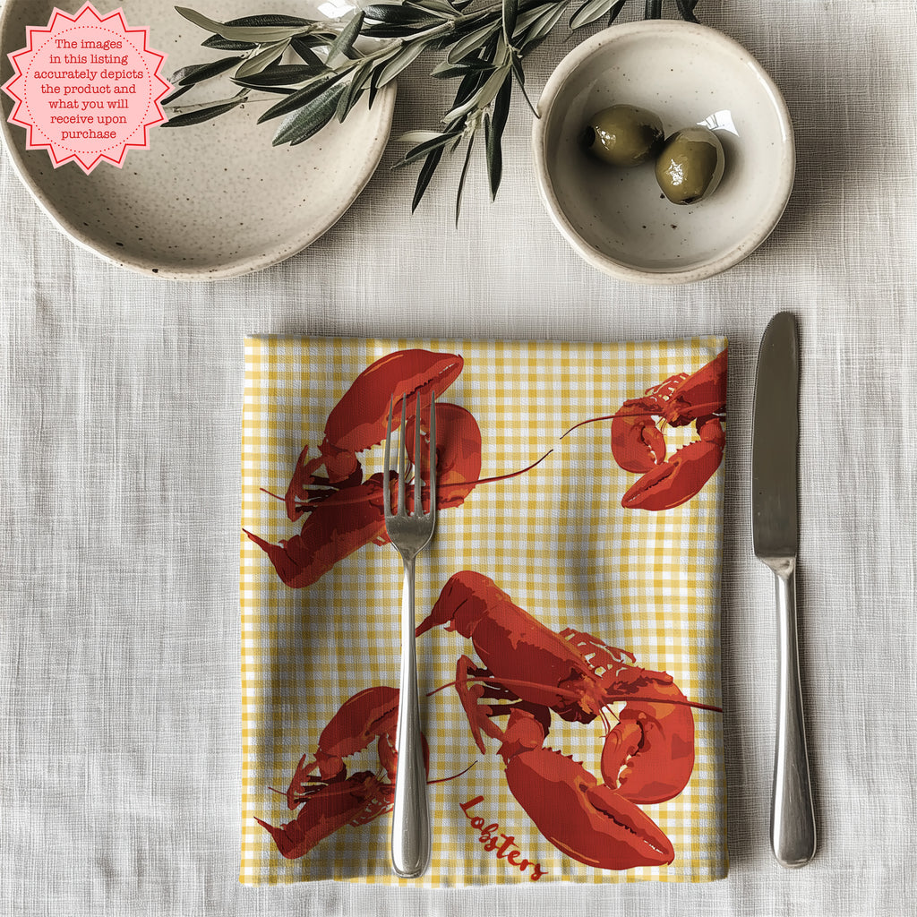 Single lobster cloth napkin folded on table showcasing fade-resistant print and soft cotton twill material for dining