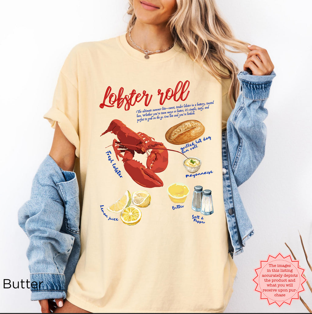 Unisex Comfort Colors 1717 t-shirt in Butter yellow featuring lobster roll graphic with lobster, grilled hot dog bun, mayonnaise, butter, and lemon slices, perfect for ocean and seafood enthusiasts.