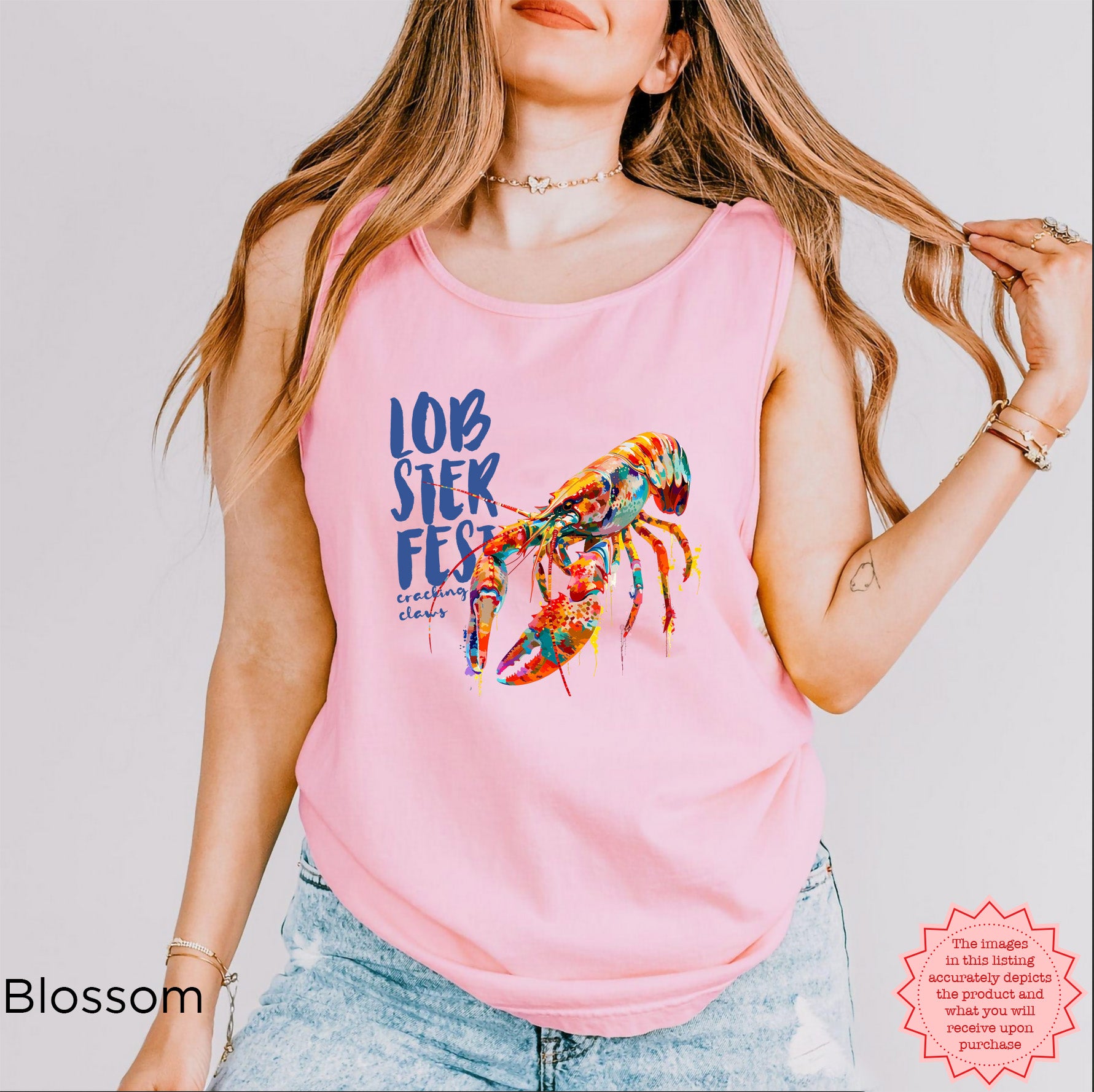 Lobster Life tank top featuring vibrant coastal artwork inspired by Maine lobster festivals.