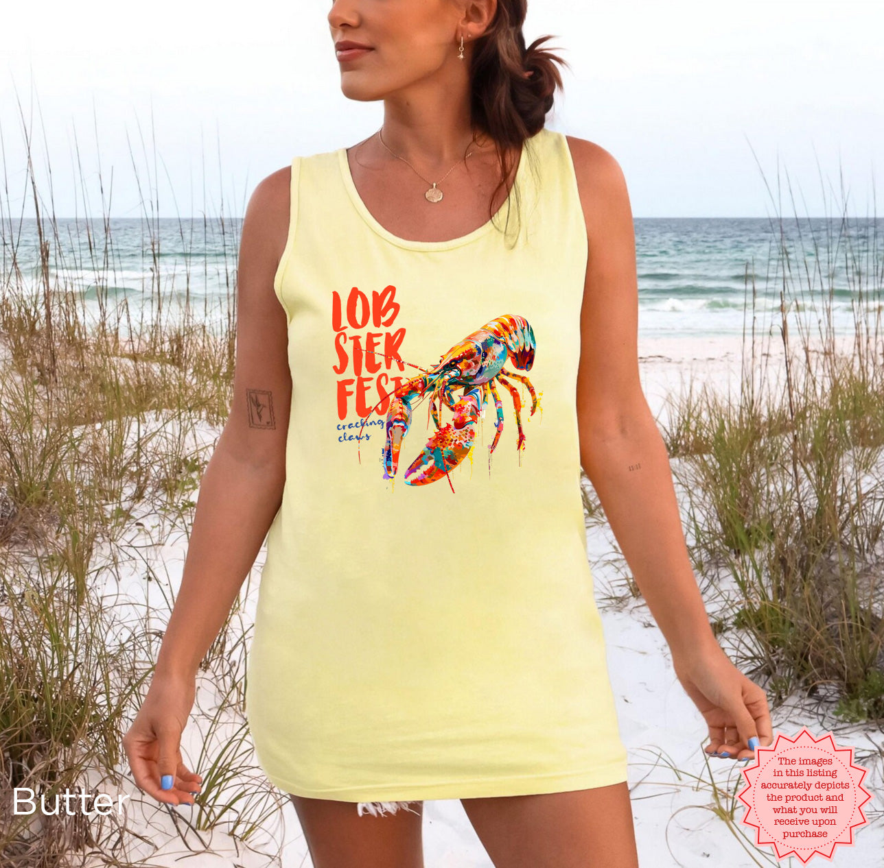 Fisherman's aesthetic tank top with colourful lobster graphic and relaxed summer styling.